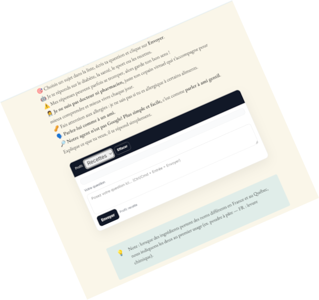 Image qui représente l'écran de l'IA, instructions claires, zone de texte pour discuter et une zone ou l'IA répond.